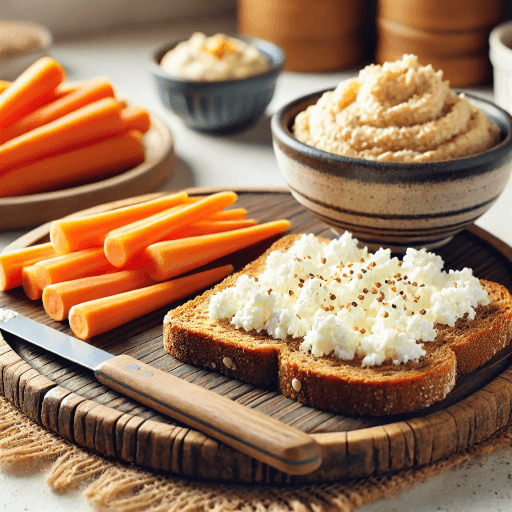 Pan con cottage + zanahoria con hummus