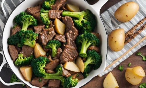 Bistec bola con papa cocida y brócoli cocido