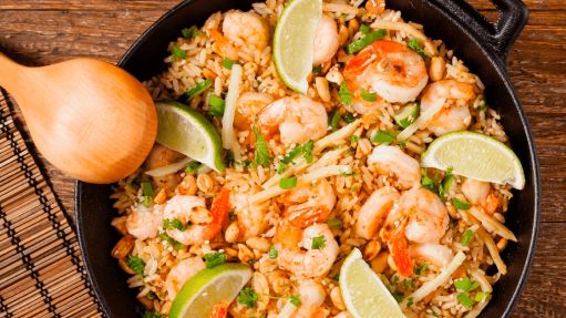 Camarones con naranja y vegetales