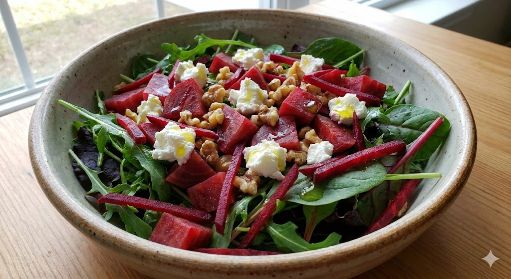 Ensalada de betabel con queso de cabra y nuez