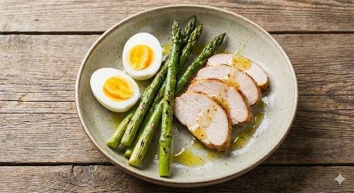 Ensalada de espárrago con pechuga de pavo horneada y huevo entero