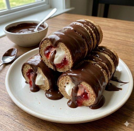 Rollitos de yogurt natural con mermelada y chocolate amargo