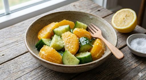 Receta de naranja y pepino en trozos de 88 Kcal