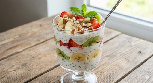Copa de frutas con yogurt y chía de 441 Kcal