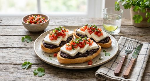 Molletes con queso panela, frijoles y jitomate