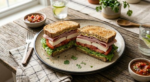 Sándwich de jamón y queso panela con jitomate y lechuga