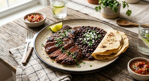 Bistec de res con frijoles cocidos y tortilla