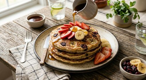 Pancakes de plátano y arándano deshidratado con fresa rebanada