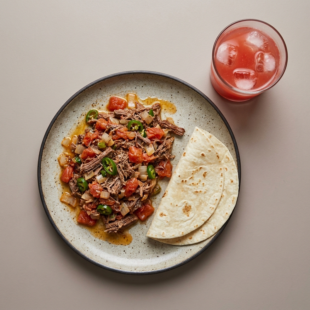 Machaca a la mexicana con tortillas y agua de sandía