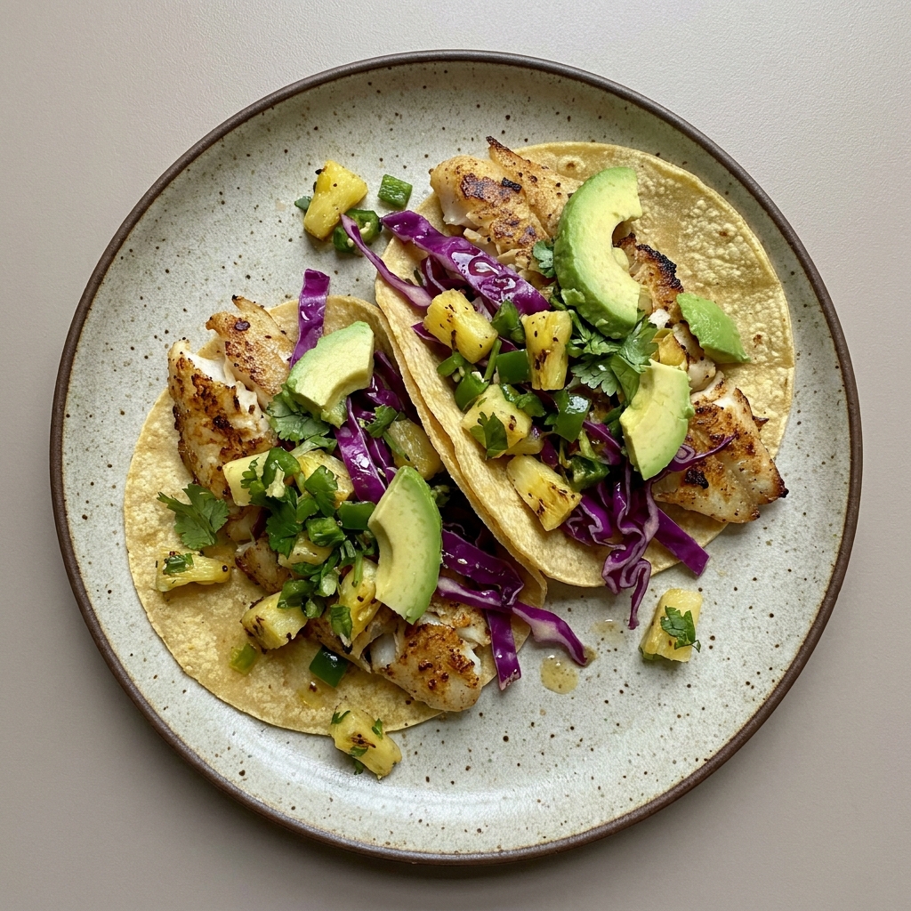 Tacos de tilapia con salsa de piña, col morada y aguacate