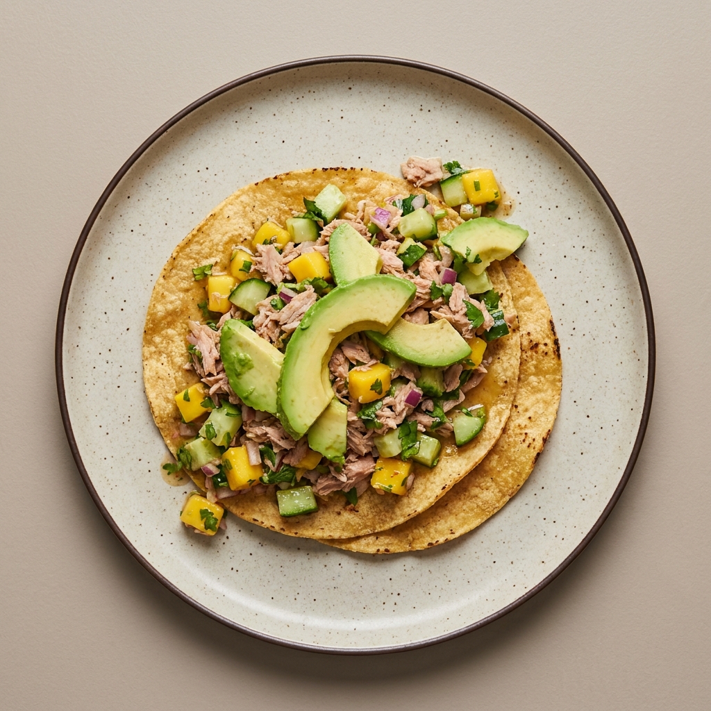 Tostadas de atún con mango, pepino y aguacate