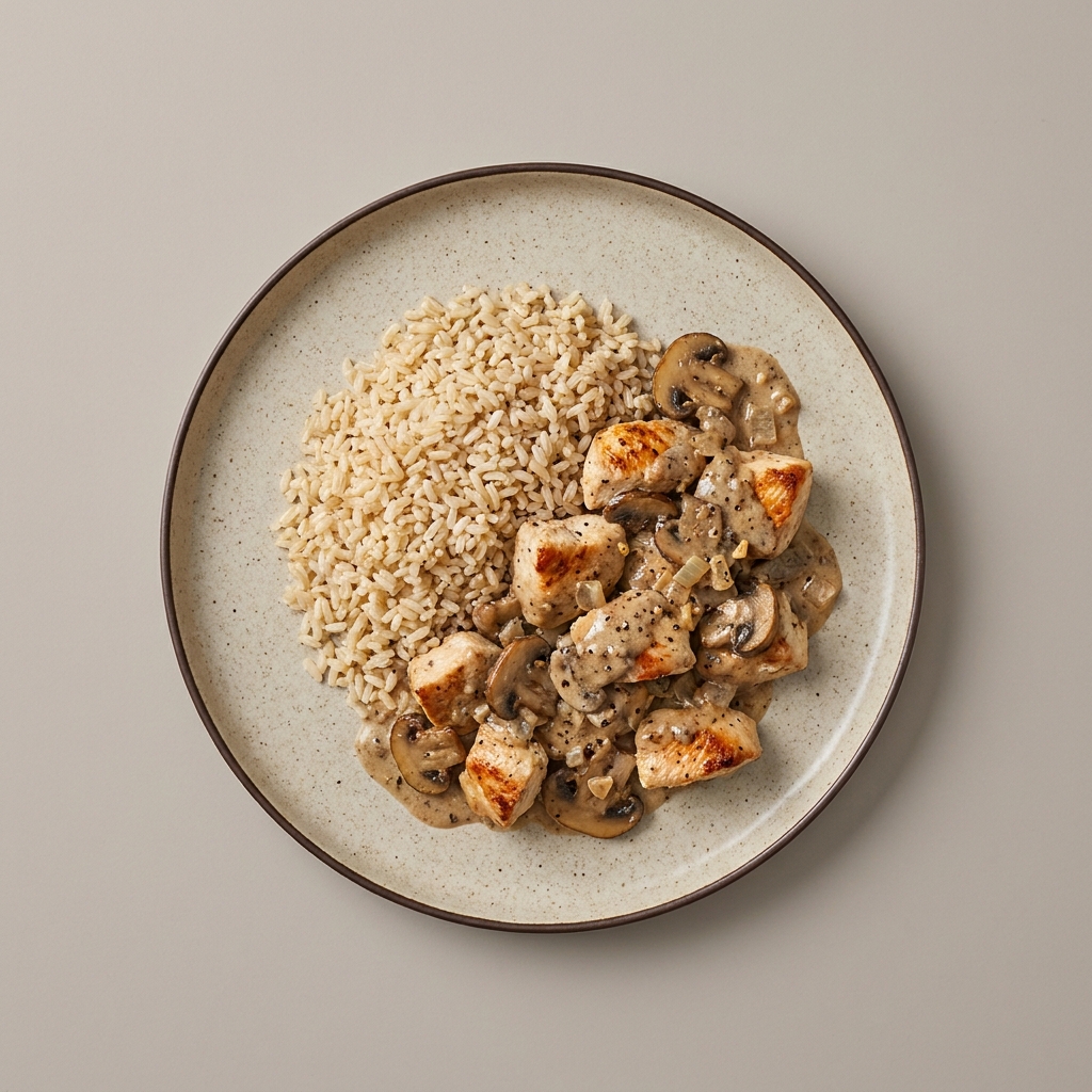 Pechuga en crema de champiñones con arroz