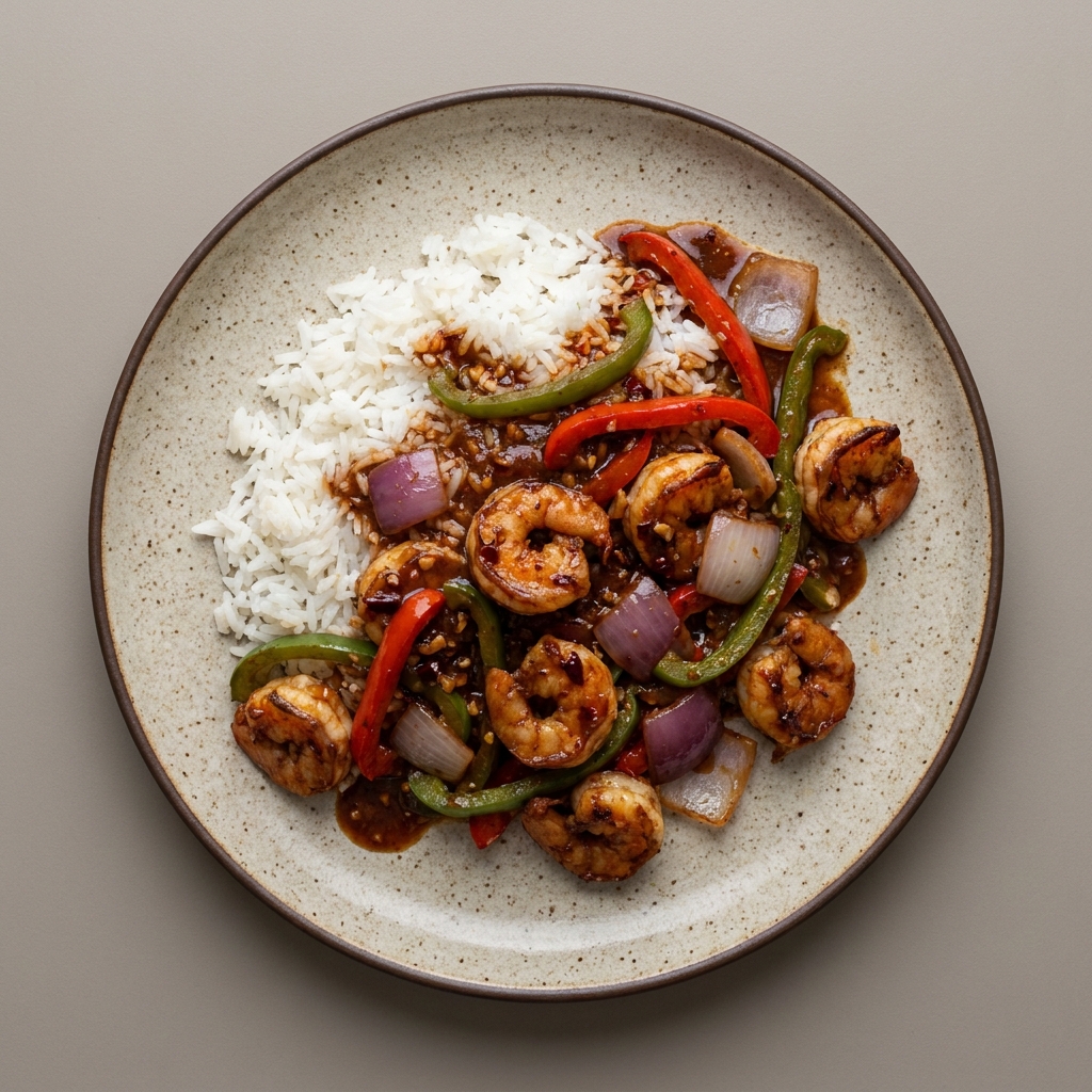Camarones al tamarindo con arroz y verduras salteadas