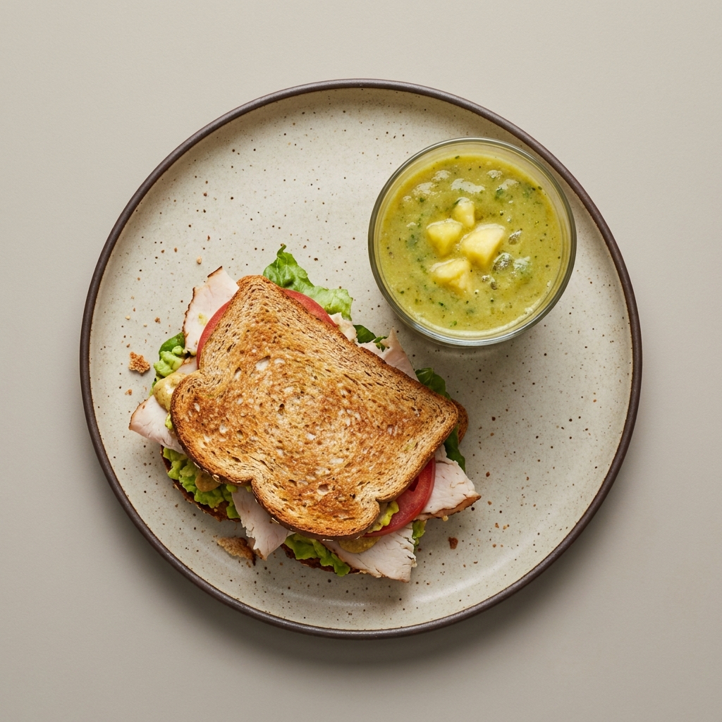 Sándwich de pavo y aguacate con licuado verde de piña