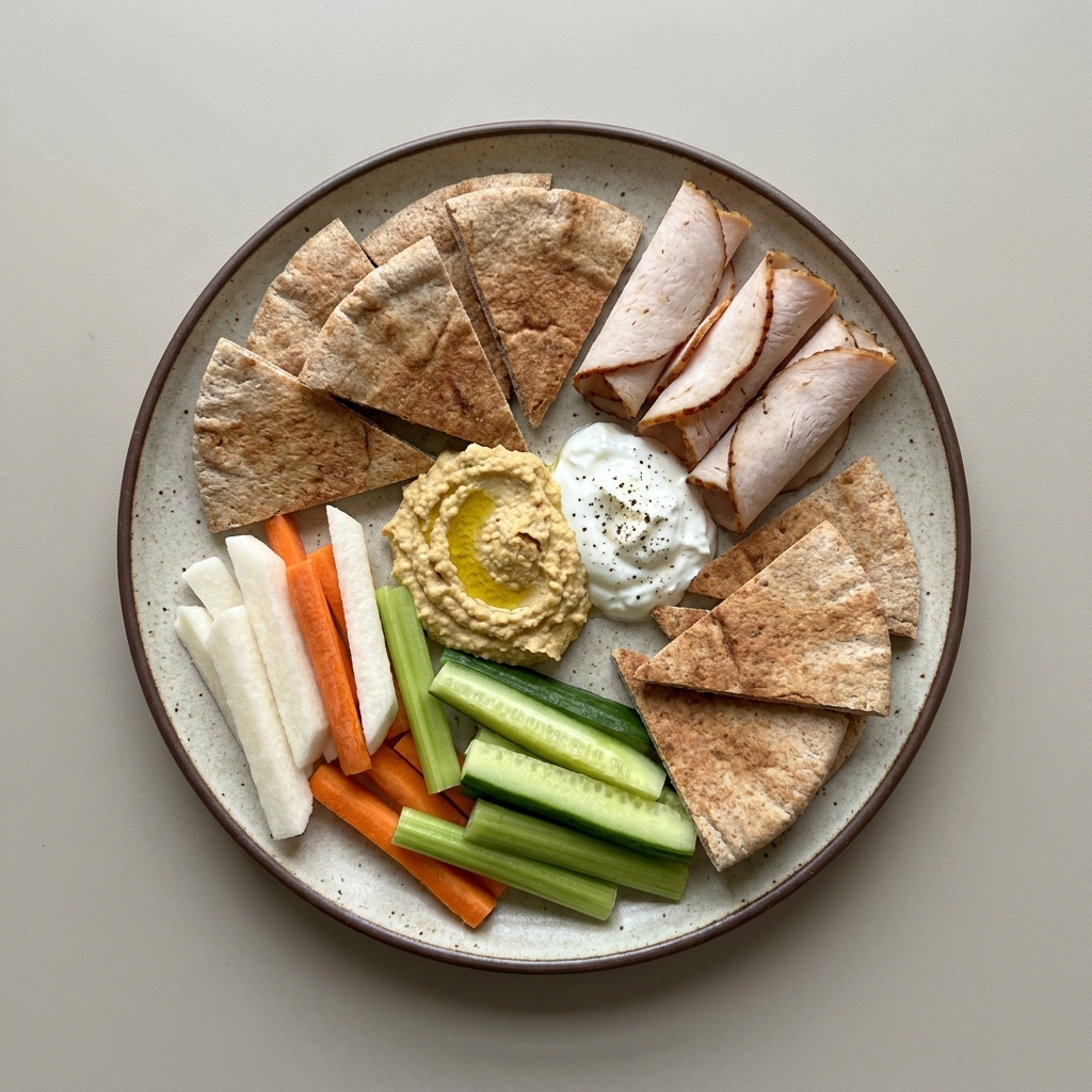 Crudités con dip de yogurt, hummus y rollitos de pavo