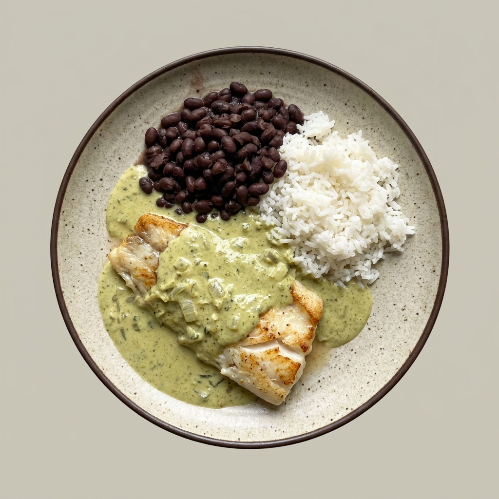 Pescado en salsa poblana cremosa con arroz y frijoles