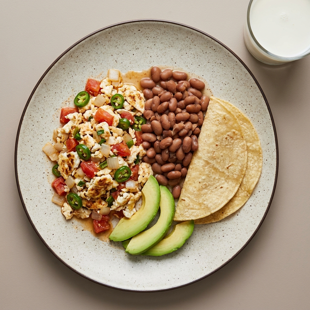 Claras a la mexicana con frijoles de olla y vaso de leche