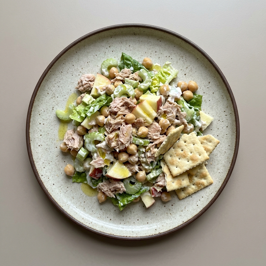 Ensalada de atún con garbanzo, manzana y aderezo de yogurt