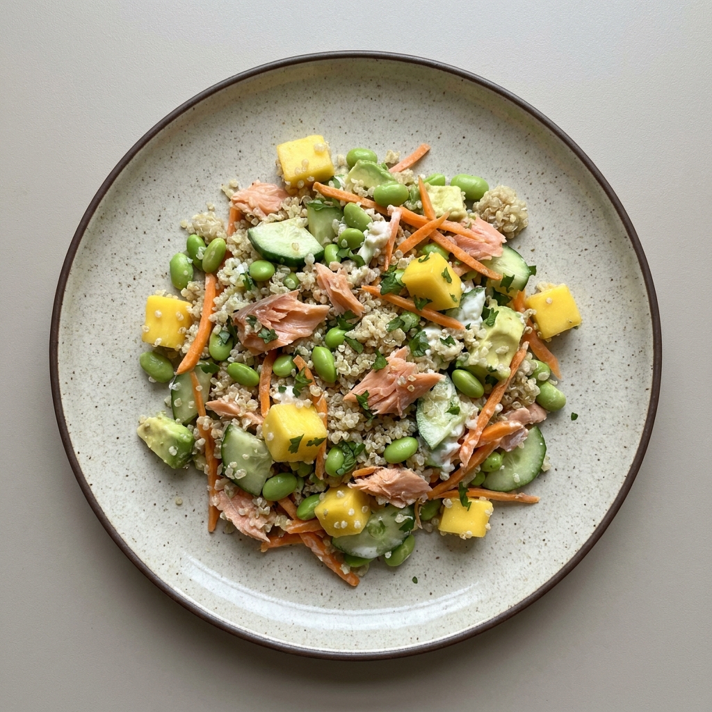 Bowl de salmón ahumado con quinoa, edamame y mango