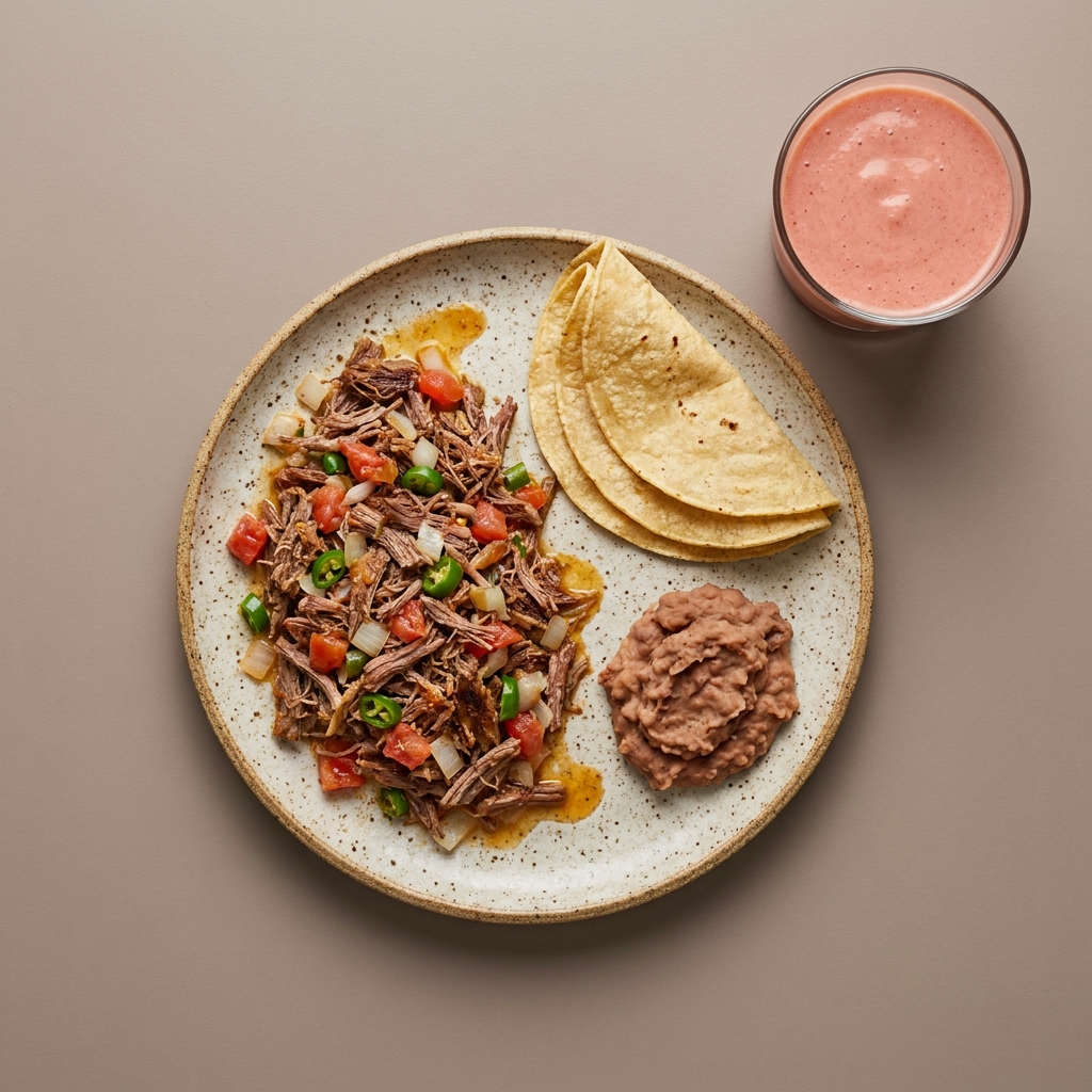 Machaca a la mexicana con tortillas y licuado de mamey