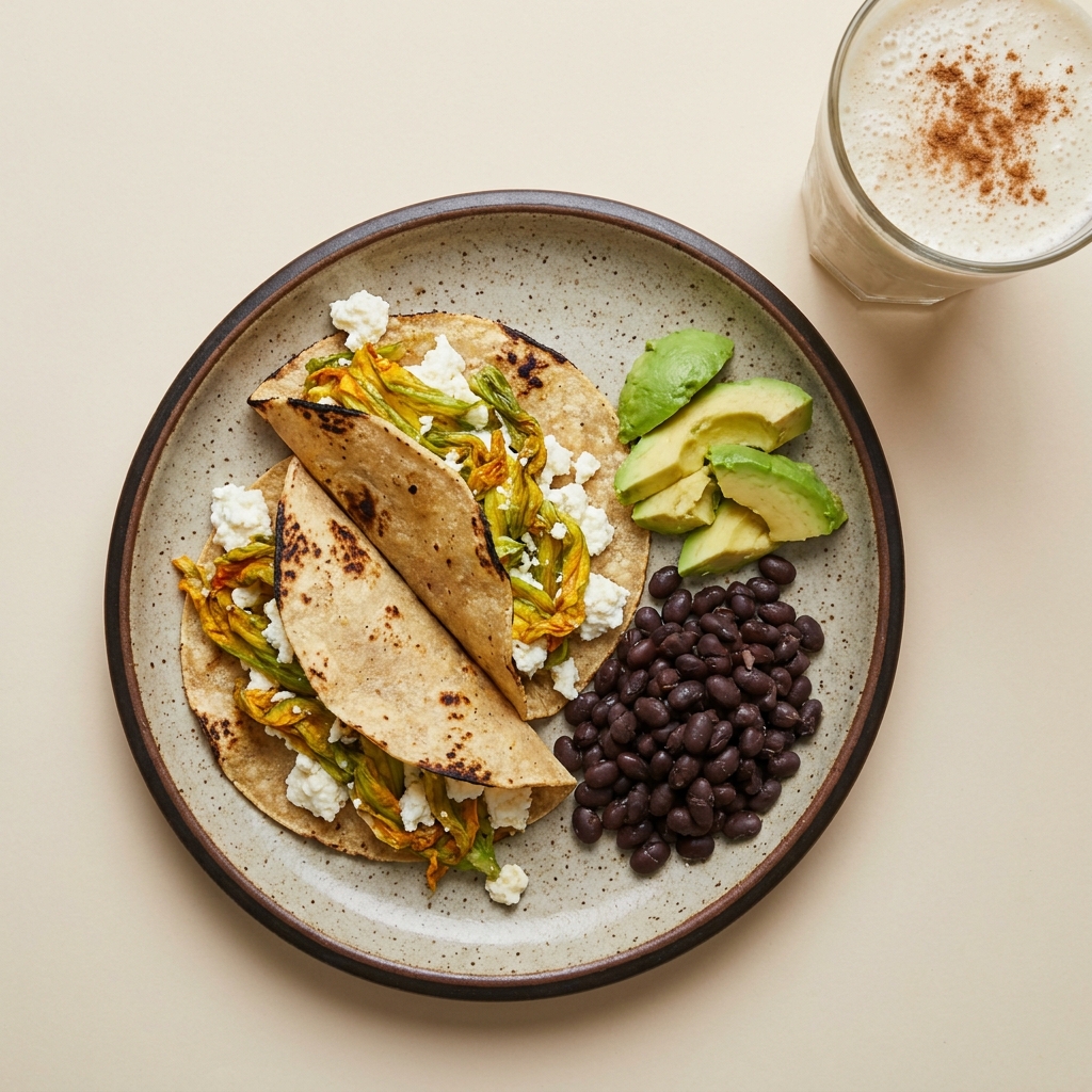 Quesadillas de flor de calabaza con requesón y licuado de plátano