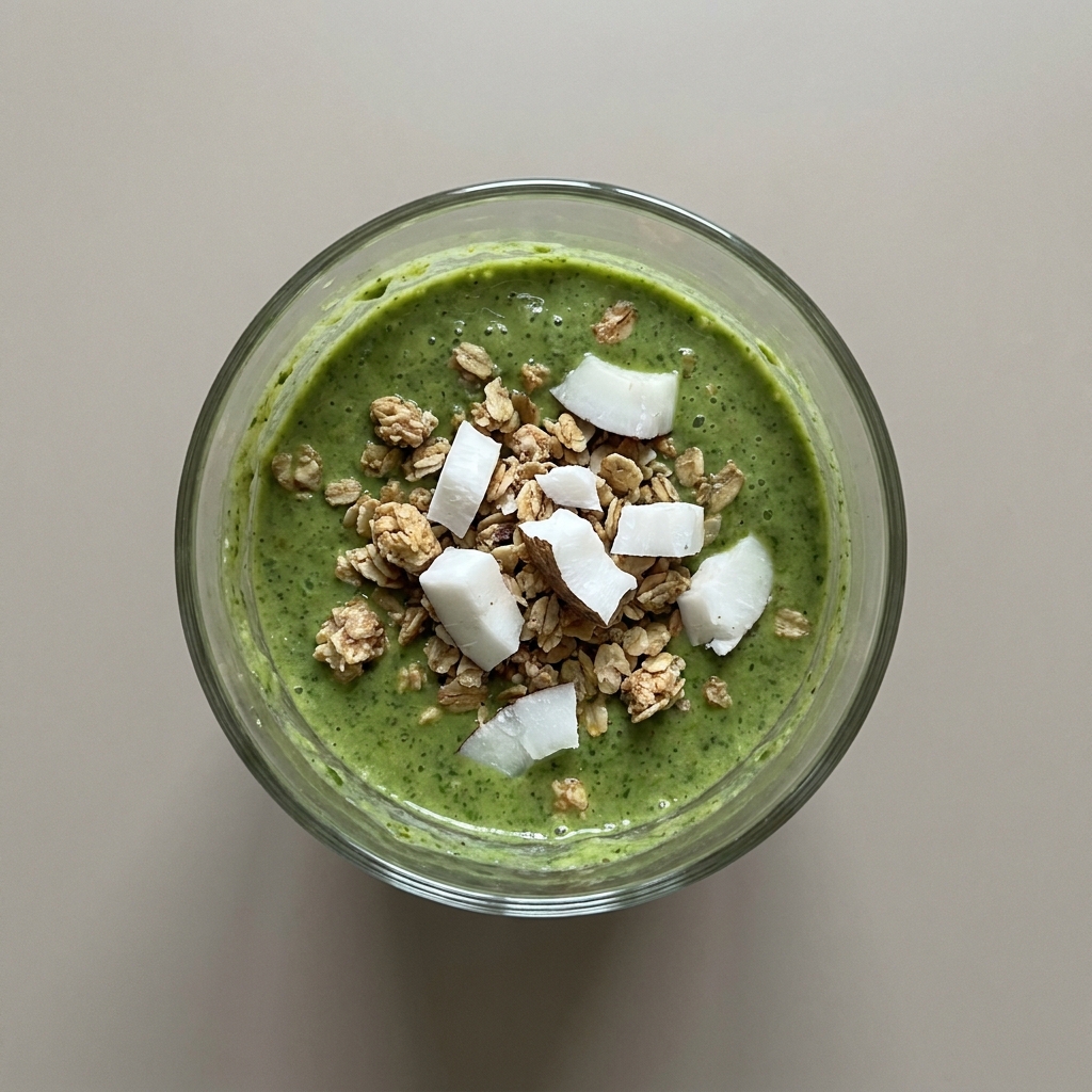 Smoothie bowl verde de plátano y espinaca con granola y coco