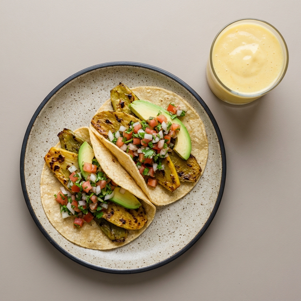 Tacos de nopales asados con aguacate y pico de gallo, con licuado de mango