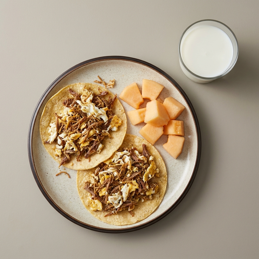 Tacos de machaca con claras, acompañado de melón y vaso de leche