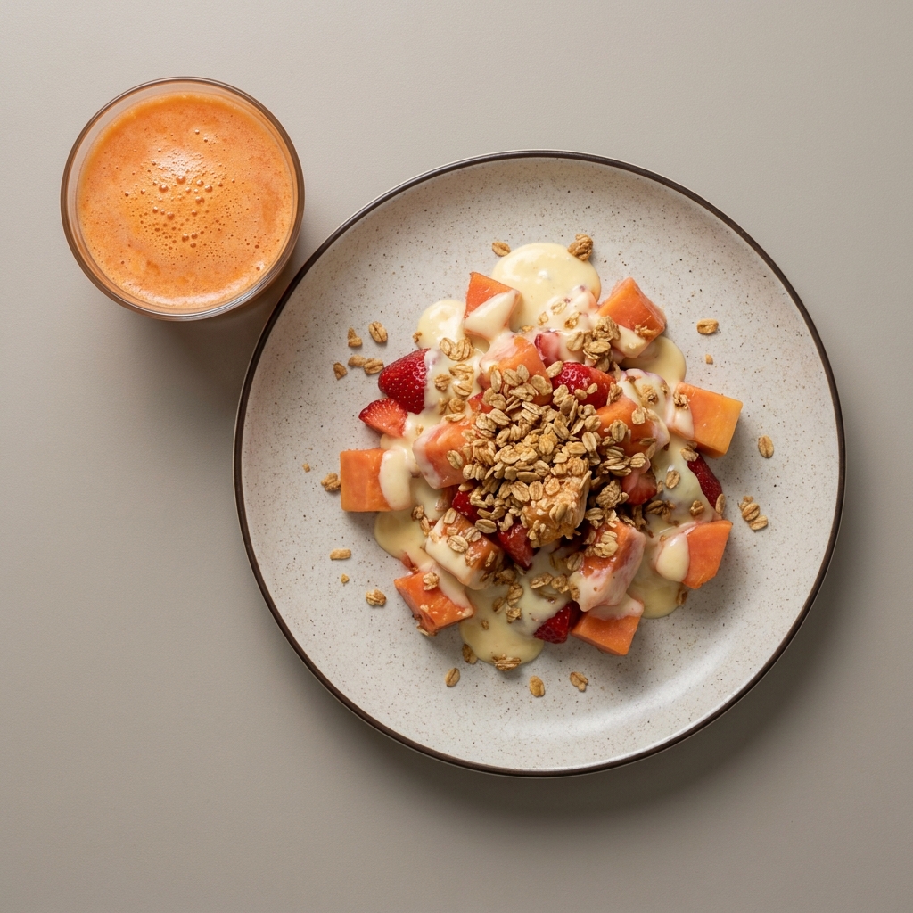Bionico de papaya y fresa con granola, con jugo de zanahoria y naranja