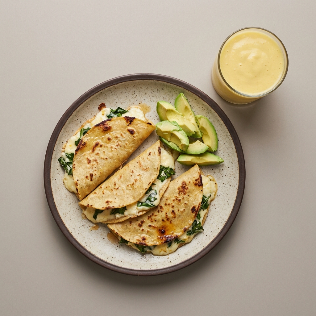 Quesadillas de requesón con epazote, con licuado de mango