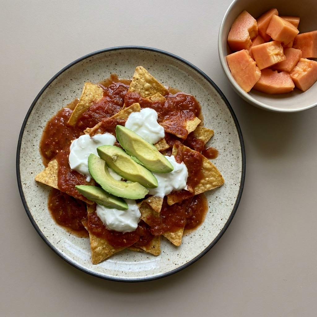 Chilaquiles rojos con crema de yogurt y aguacate acompañado de papaya