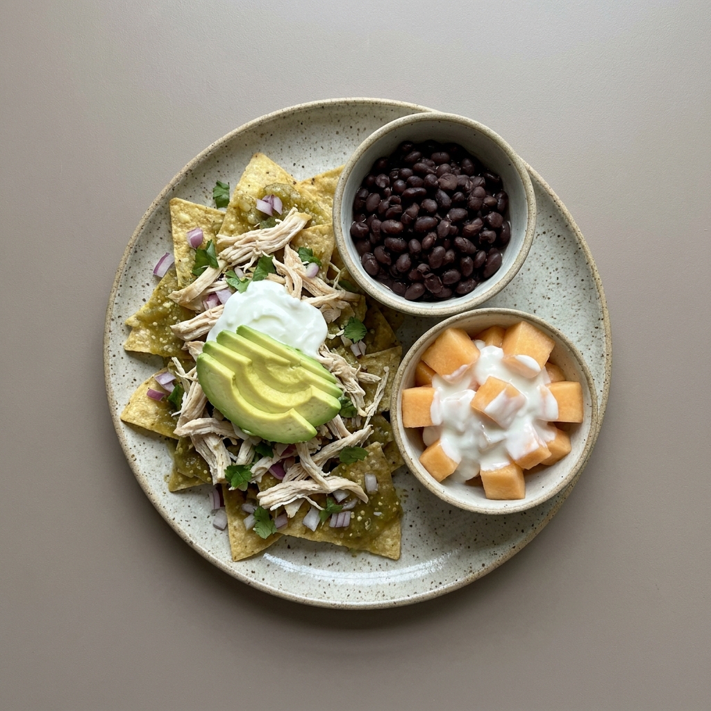 Chilaquiles verdes con pollo deshebrado, y yogurt con melón