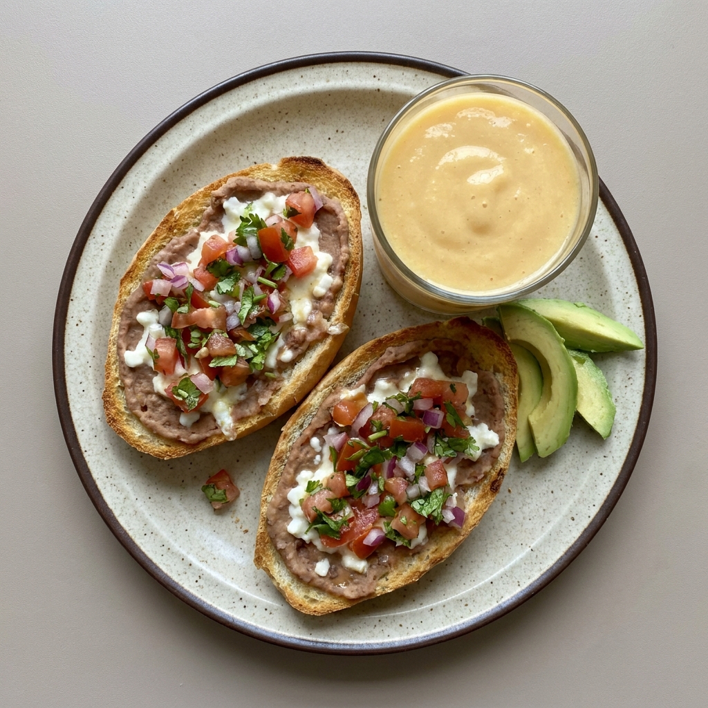 Molletes de queso cottage con pico de gallo y licuado de mango
