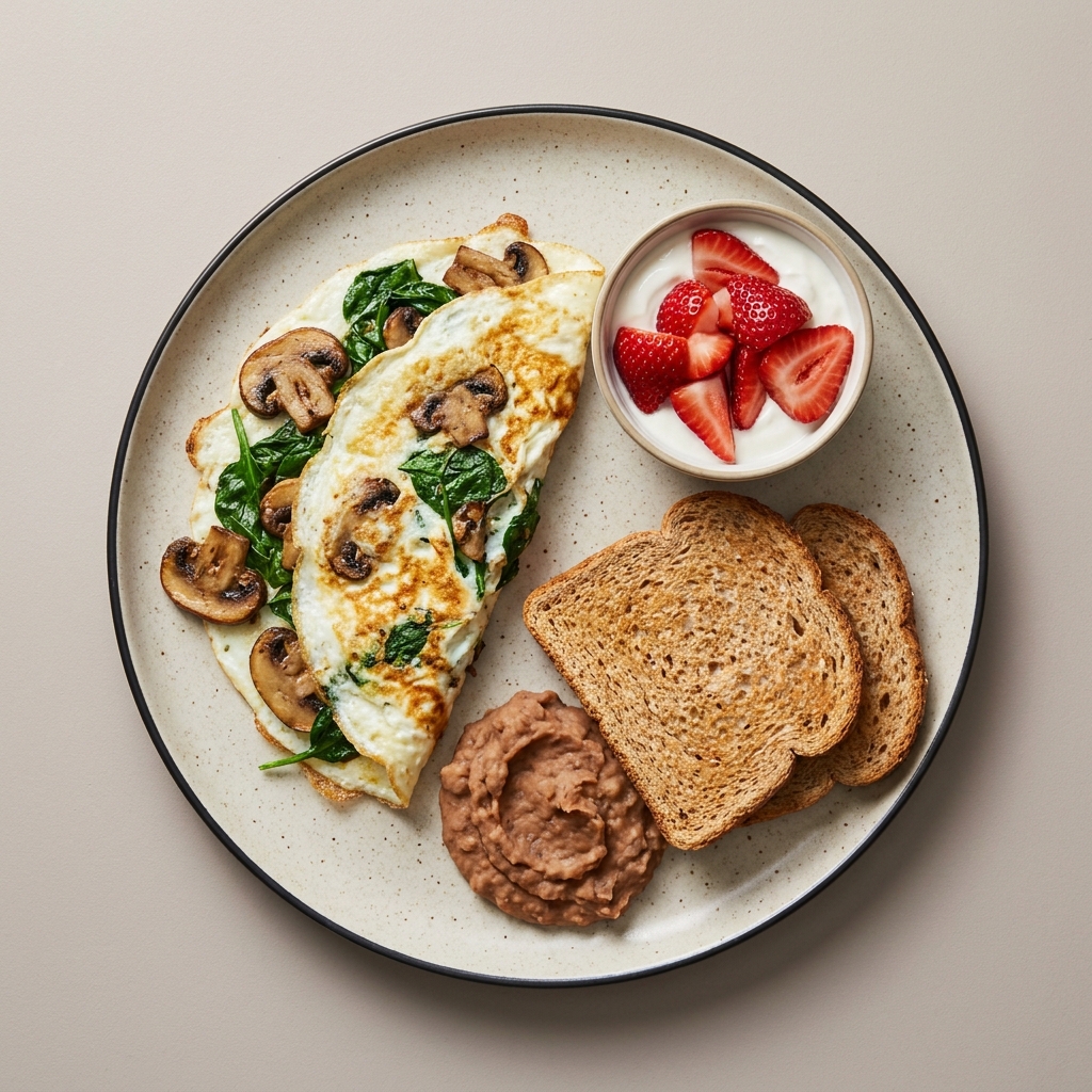 Omelette de claras con espinaca y champiñones, con yogurt y fresas
