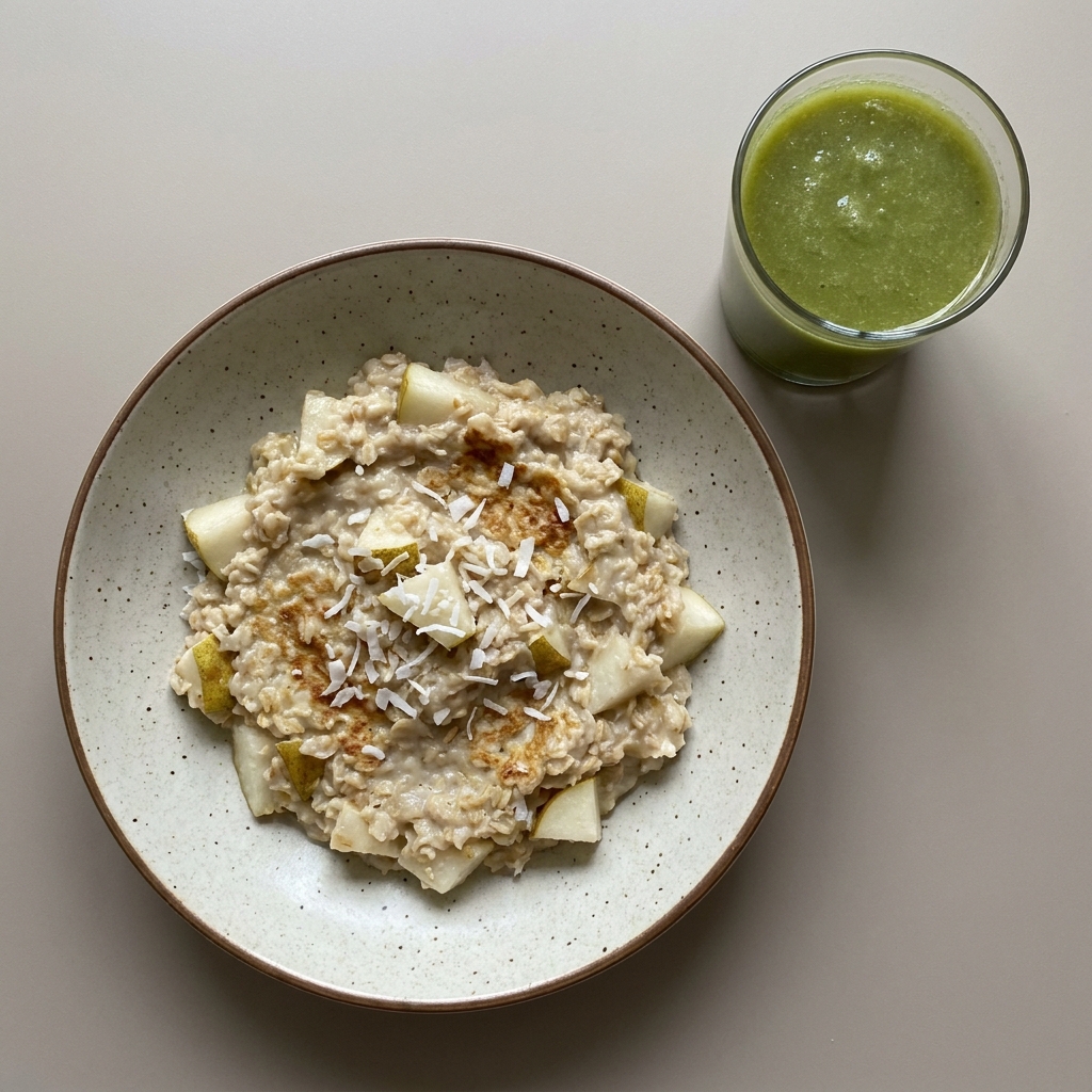 Avena caliente con pera y coco, con jugo verde de nopal y apio
