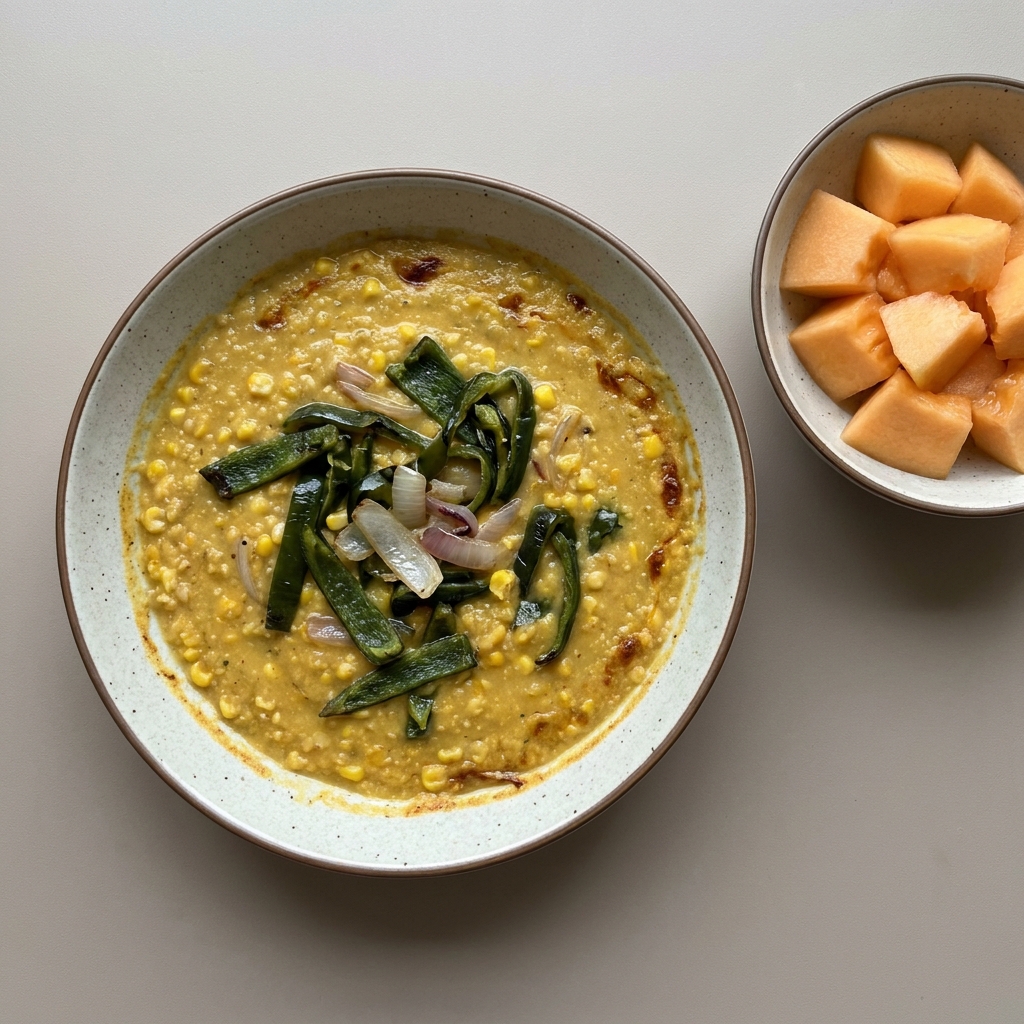 Crema de elote con rajas de poblano, con melón de postre