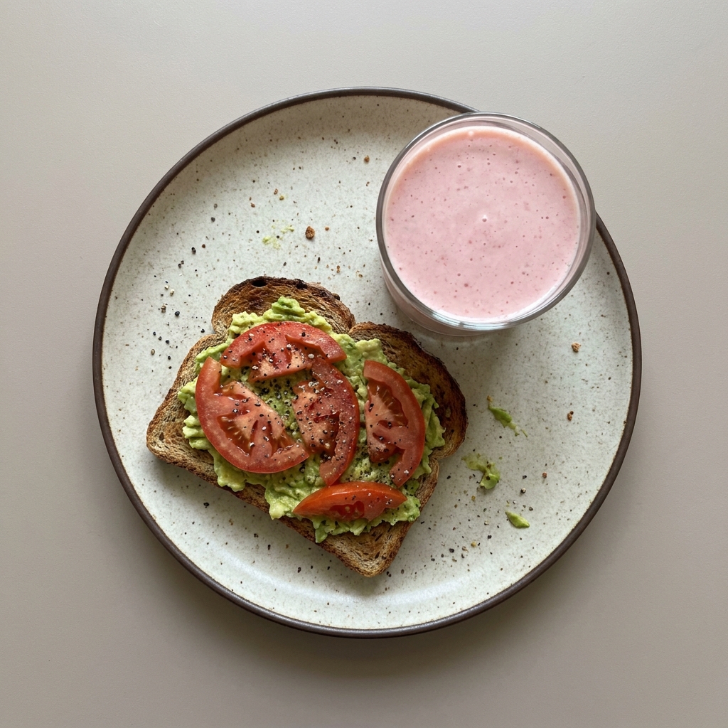 Pan integral tostado con aguacate y jitomate, con licuado de fresa