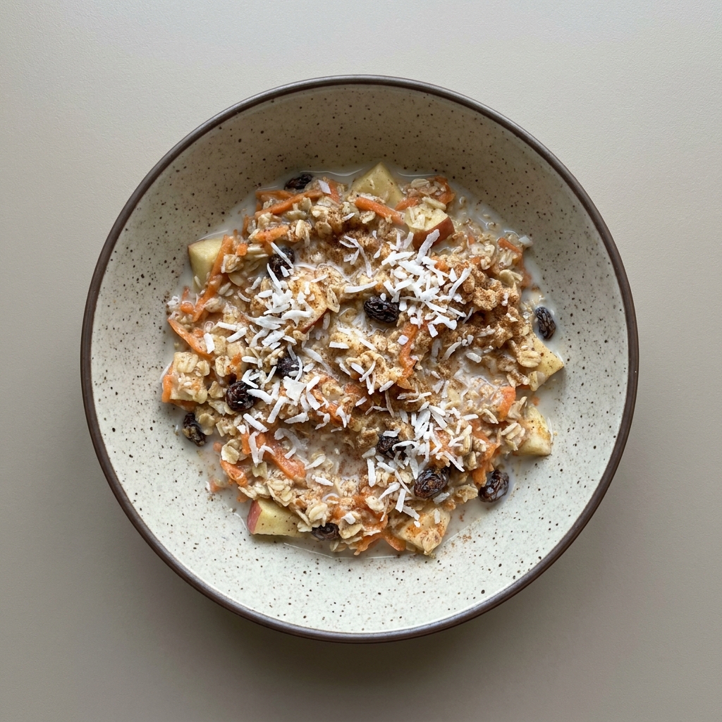 Overnight oats estilo carrot cake con zanahoria, manzana y coco