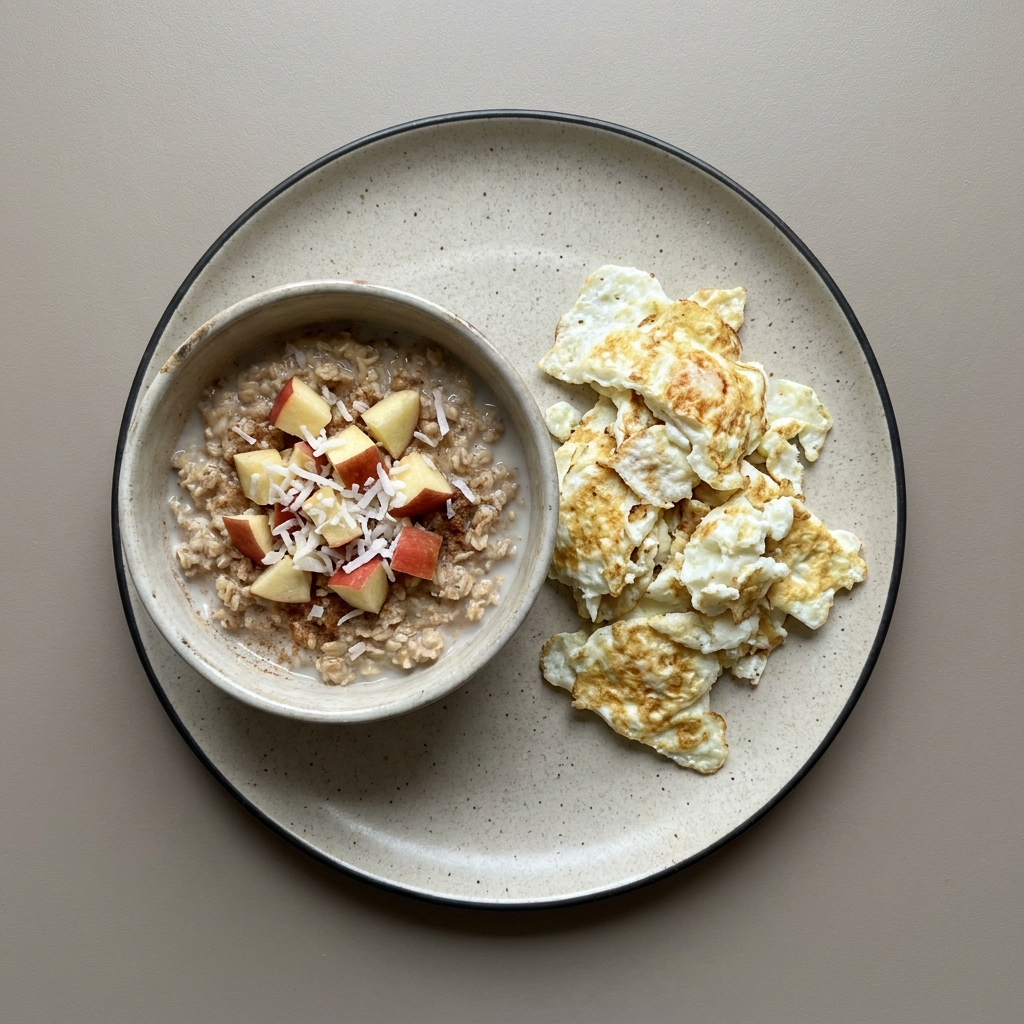 Avena con manzana y coco, acompañado de claras revueltas