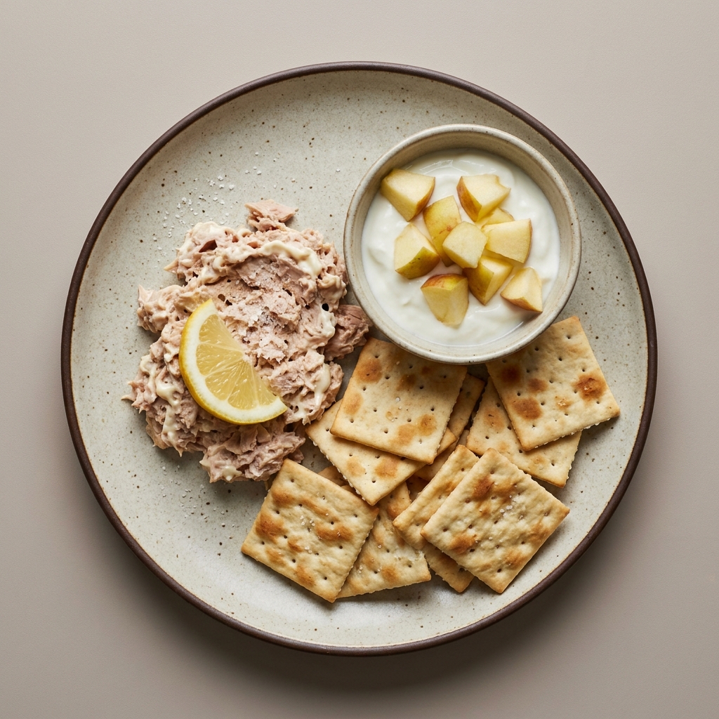 Atún con galletas saladas y yogurt con manzana
