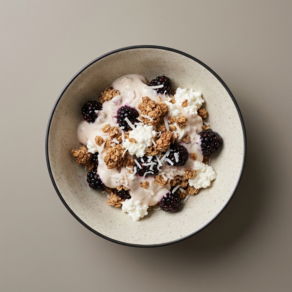 Parfait de yogurt y cottage con moras, granola y coco