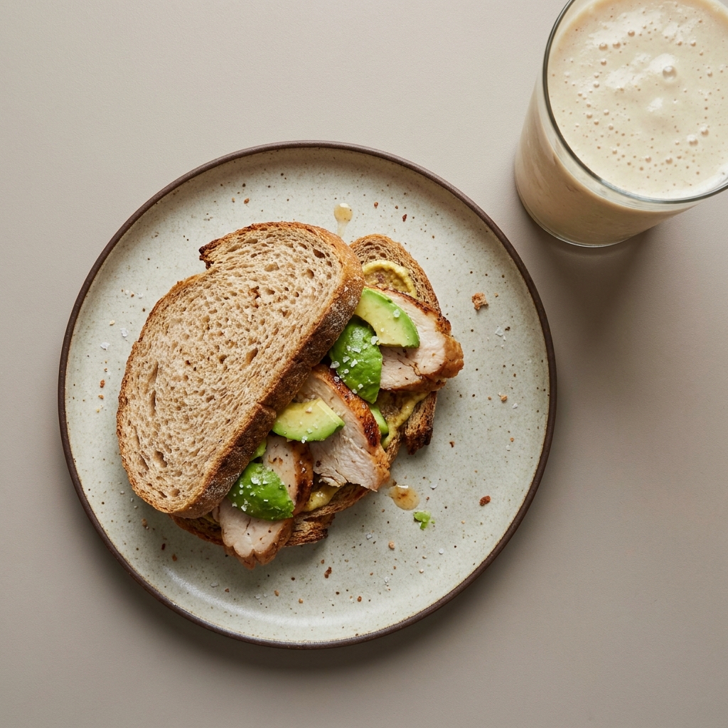 Sándwich de pechuga de pavo con aguacate, con licuado de plátano