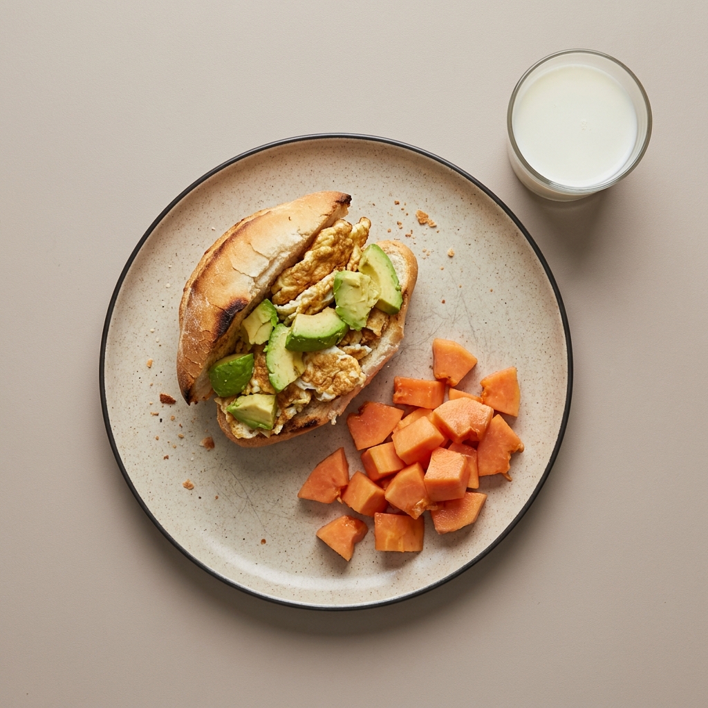 Torta de claras con aguacate, con papaya picada