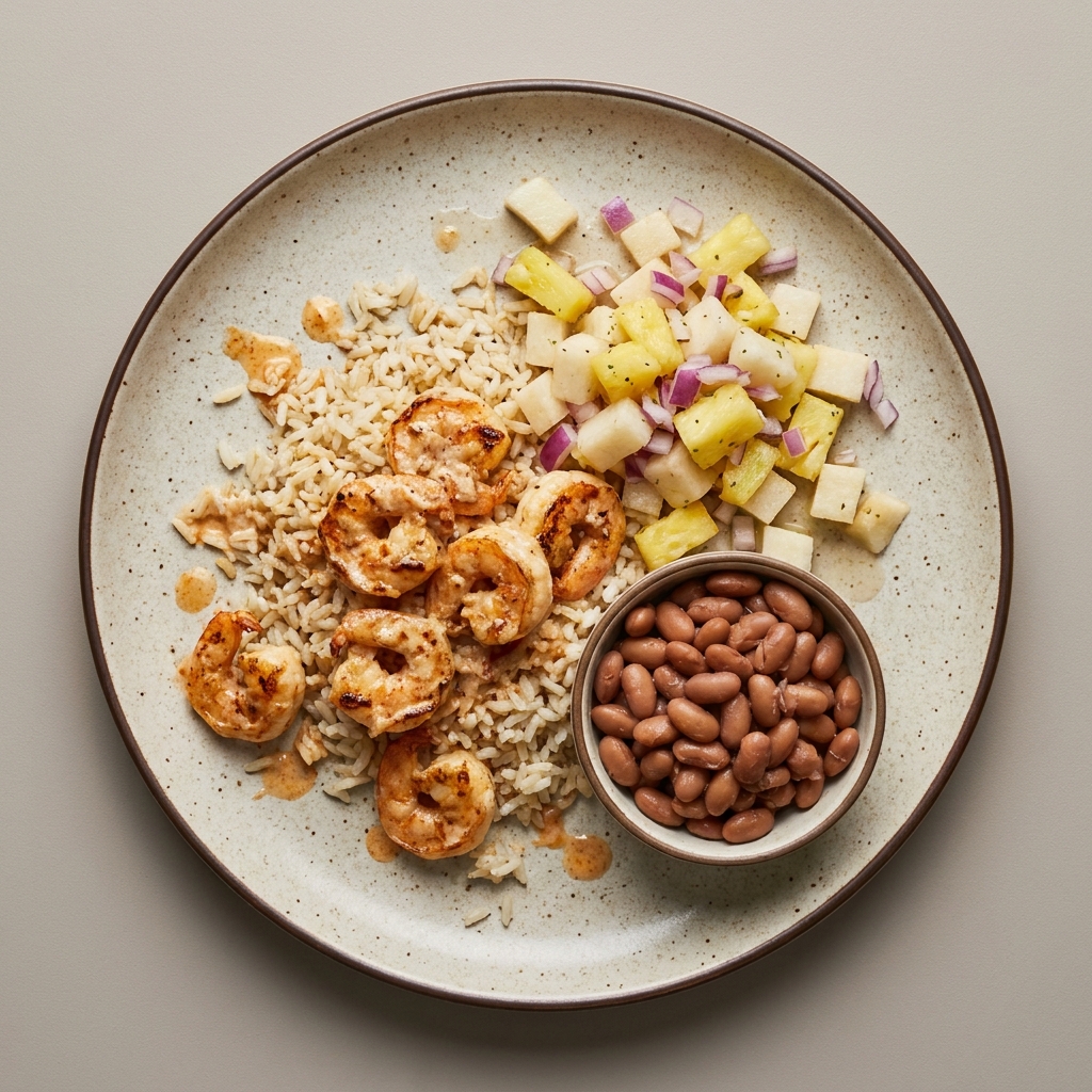 Camarones cremosos al chipotle con ensalada de jícama y piña acompañado de frijoles