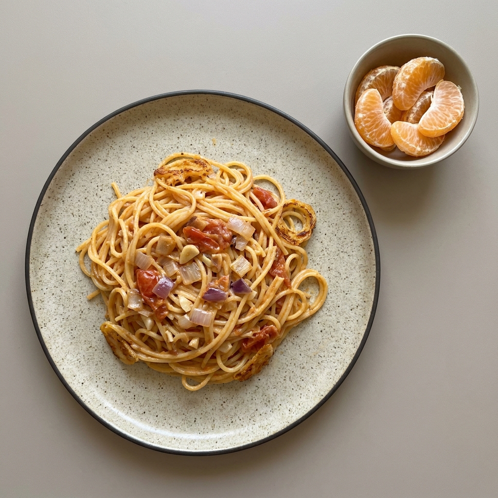 Espagueti cremoso de jitomate con mandarina de postre