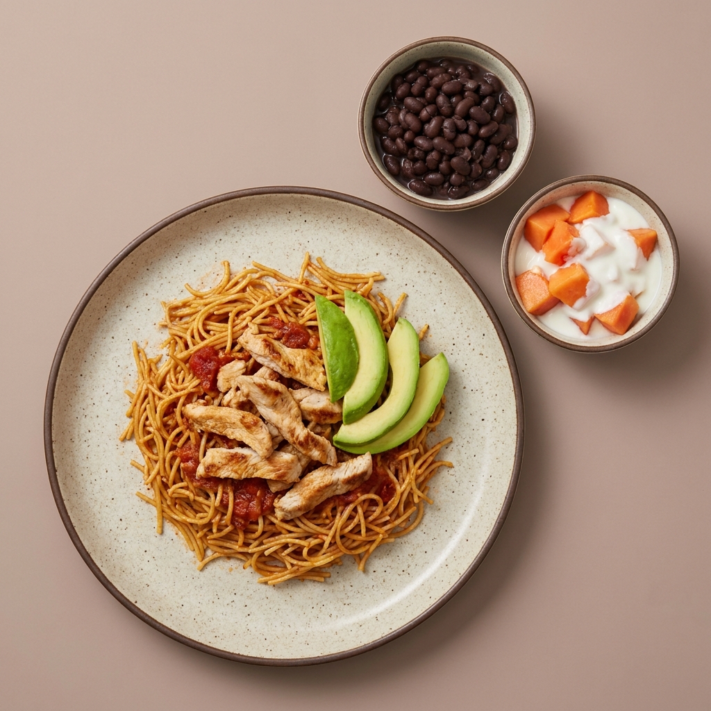 Fideo seco con pechuga de pavo acompañado de frijoles de la olla  y  yogurt con papaya de postre