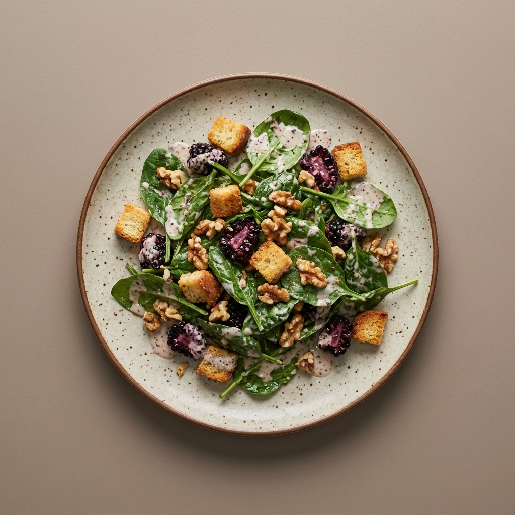 Ensalada de espinaca con zarzamora, nuez y croutones, aderezo de yogurt