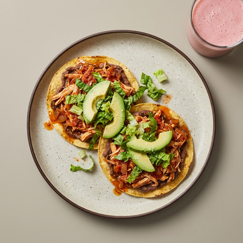 Tostadas de tinga de pollo con frijoles, aguacate y licuado de fresa
