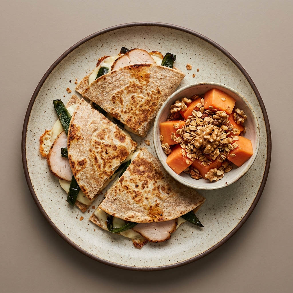 Sincronizadas de pavo y queso oaxaca con rajas, y bowl de papaya con granola y nuez