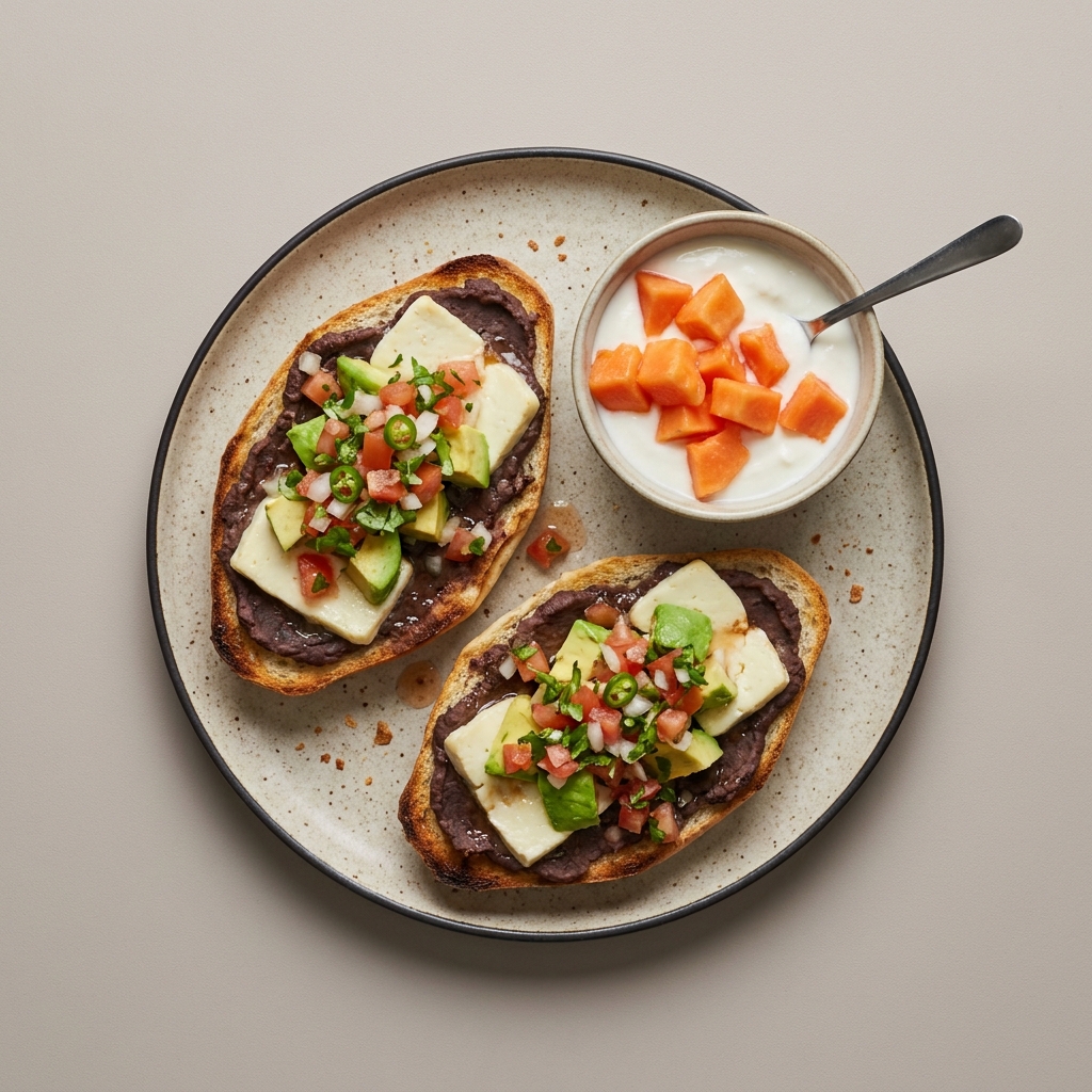 Molletes de frijol con panela, pico de gallo y bowl de yogurt con papaya